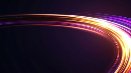 Abstract glowing light trails in curved motion on dark background.
