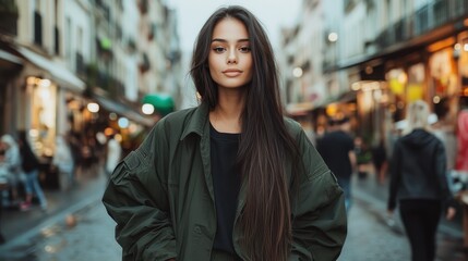 Fototapeta premium A young woman with long dark hair dressed in a trendy green jacket, showcasing style and confidence against a bustling city street full of life.