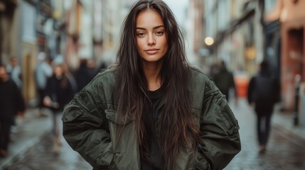 Fototapeta premium Portrait of a young woman with a powerful gaze in a bustling street setting, embodying strength and style while accentuating her grace and confident demeanor.
