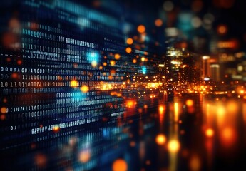 Digital data and binary code background with blurred city lights in the dark