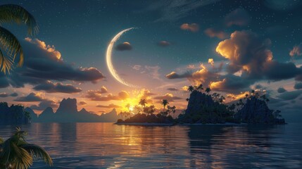 Tropical island sunset with crescent moon.