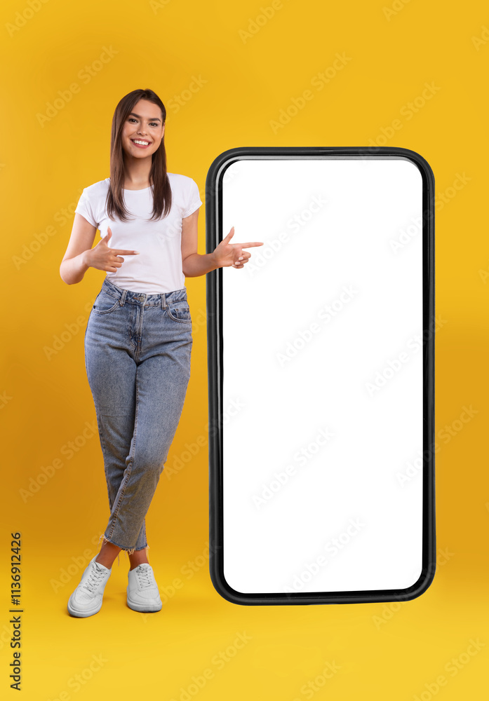 Poster mobile app advertisement. full body length of happy woman showing pointing at big huge white empty s