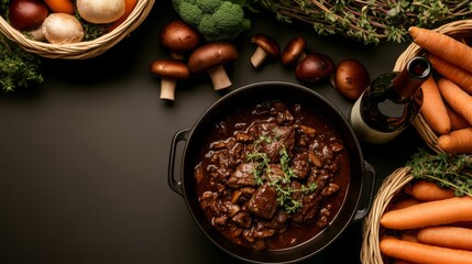 Cozy Kitchen Scene with Homemade Beef Bourguignon in a Pot, Fresh Vegetables, and A Bottle of Red Wine
