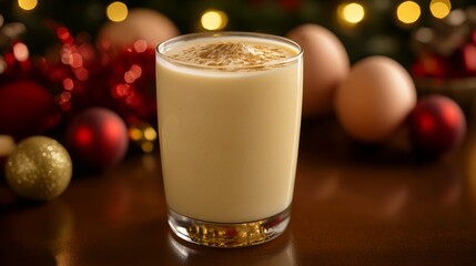 Cozy Kitchen Scene with A Glass of Creamy Homemade Eggnog Festively Topped with Nutmeg for Holiday Celebration