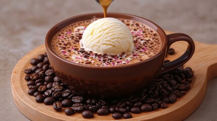 Creamy coffee cup with vanilla ice cream scoop and chocolate sprinkles pouring over, perfect dessert concept for cafe menu or coffee shop promotion, rustic wooden board background cozy atmosphere