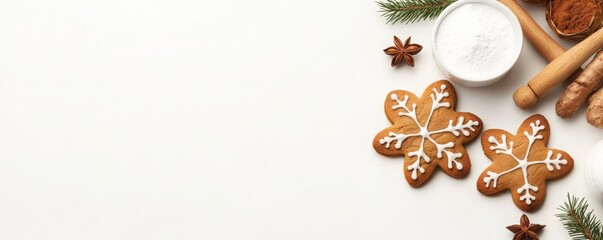 Top View of Cozy Kitchen Scene with Homemade Gingerbread Cookies, Ingredients, and Wooden Utensils