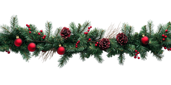 A Christmas garland, isolated on a transparent background, perfect for holiday decorations, festive designs, or seasonal-themed visuals.
