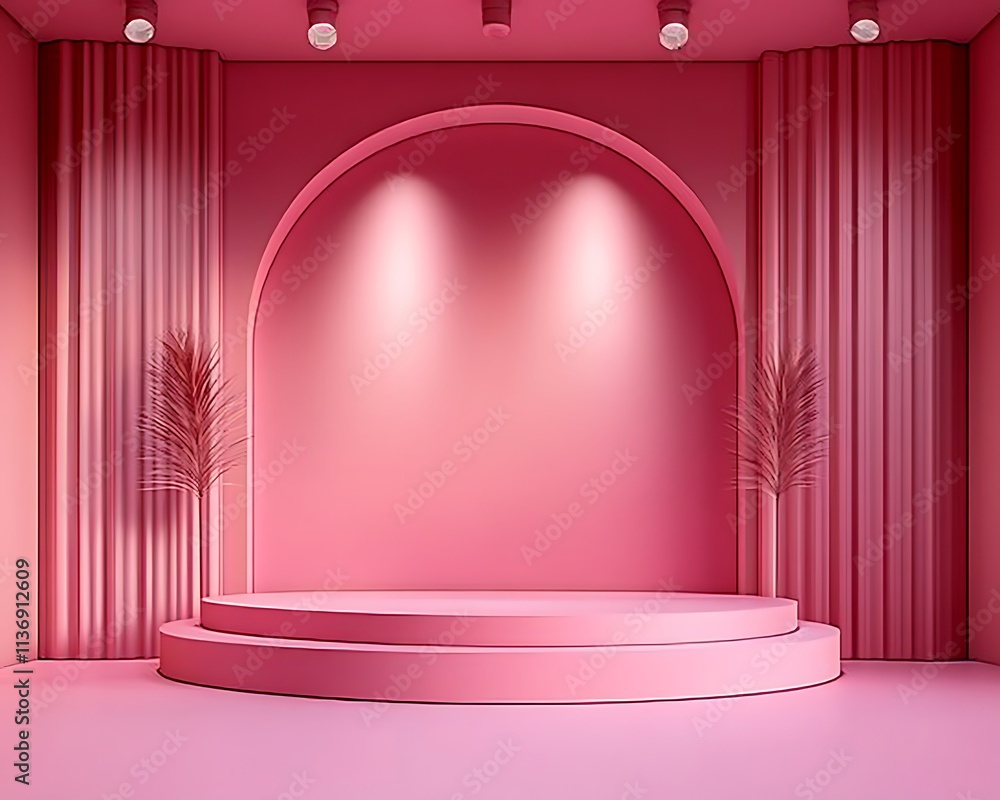 Poster aerial view of a minimalist pink podium on an empty stage with smooth pink background for event pres