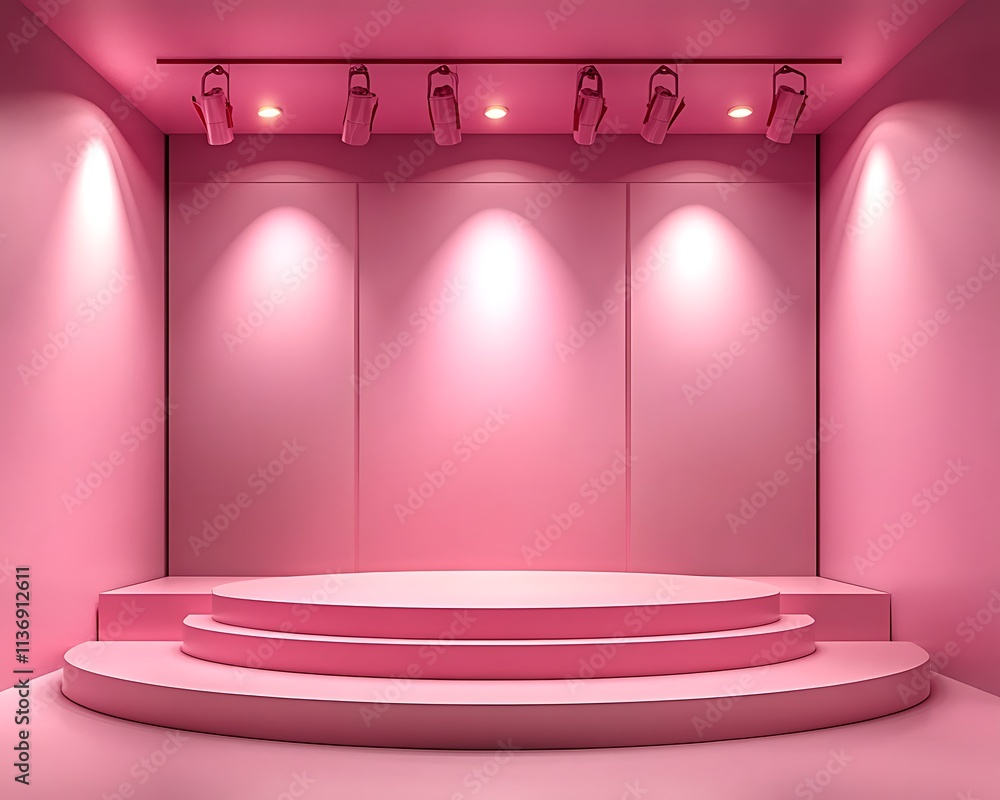 Poster aerial view of a minimalist pink podium on an empty stage with smooth pink background for event pres
