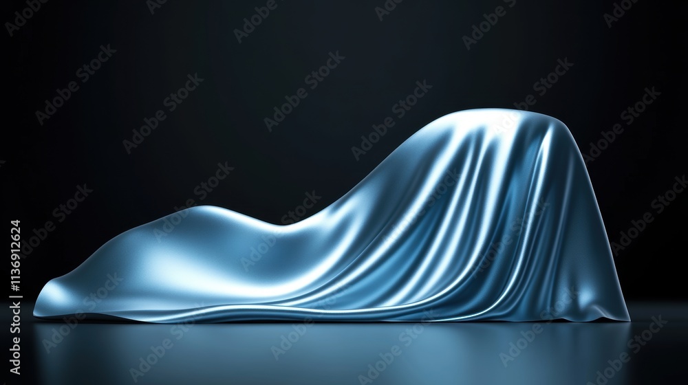 Aufkleber blue silky fabric draped over an abstract shape on a reflective dark surface. 3d render for luxury d