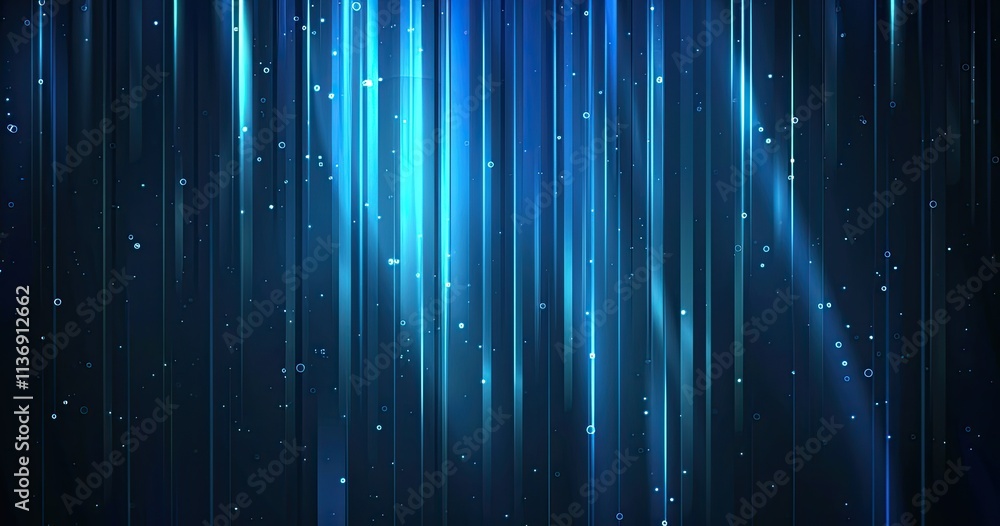 Poster abstract blue background with vertical lines and glowing particles for digital design.