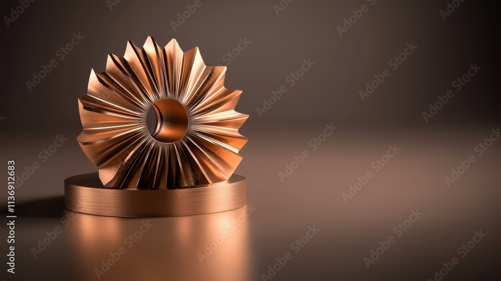 Poster bronze metallic abstract sculpture on circular base with soft lighting. 3d render for modern art and