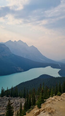 Naklejka premium Peyto Lake in Banff National Park, Alberta. Glacier-fed lake with a unique wolf-head shape and vivid turquoise color. In Canadian Rockies, a popular tourist viewpoint along the Icefields Parkway.