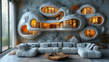 Living Room Spherical Architecture Cozy Sofa Surreal Art