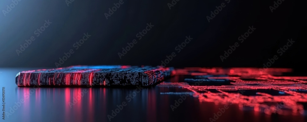 Aufkleber close-up of a futuristic circuit board with red and blue glowing elements. technology and digital co