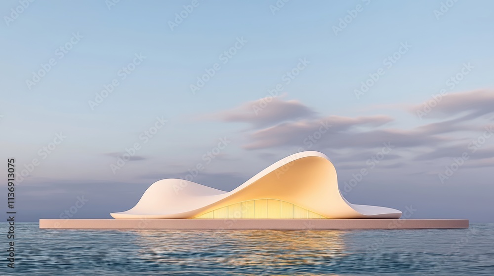 Poster Modern architectural building with curved design on water. Futuristic structure illuminated at sunset.