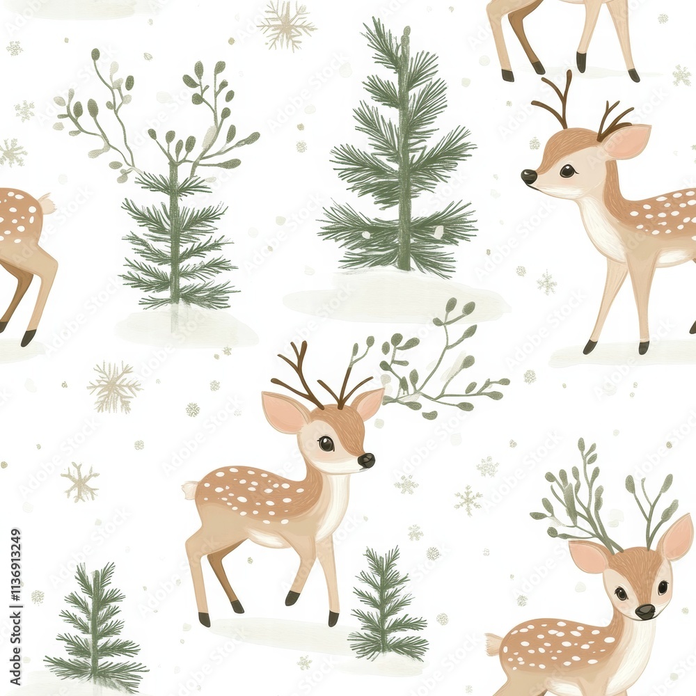 Poster whimsical deer wander through a snow-covered landscape, surrounded by evergreen trees and softly fal