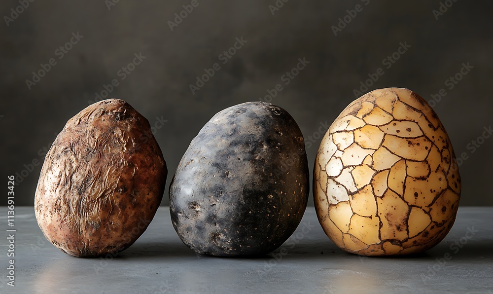 Poster three aged potatoes displayed in a row