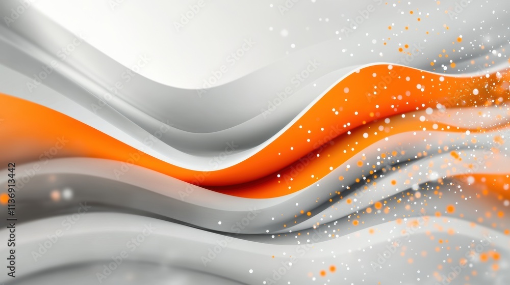 Poster abstract flowing gray and orange waves with scattered particles. modern fluid design