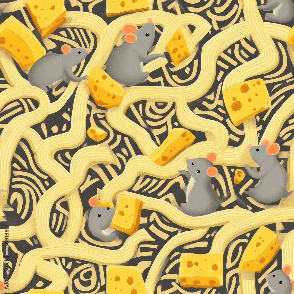 Poster delightful little mice explore a cozy maze filled with creamy cheese blocks and intertwined pasta st