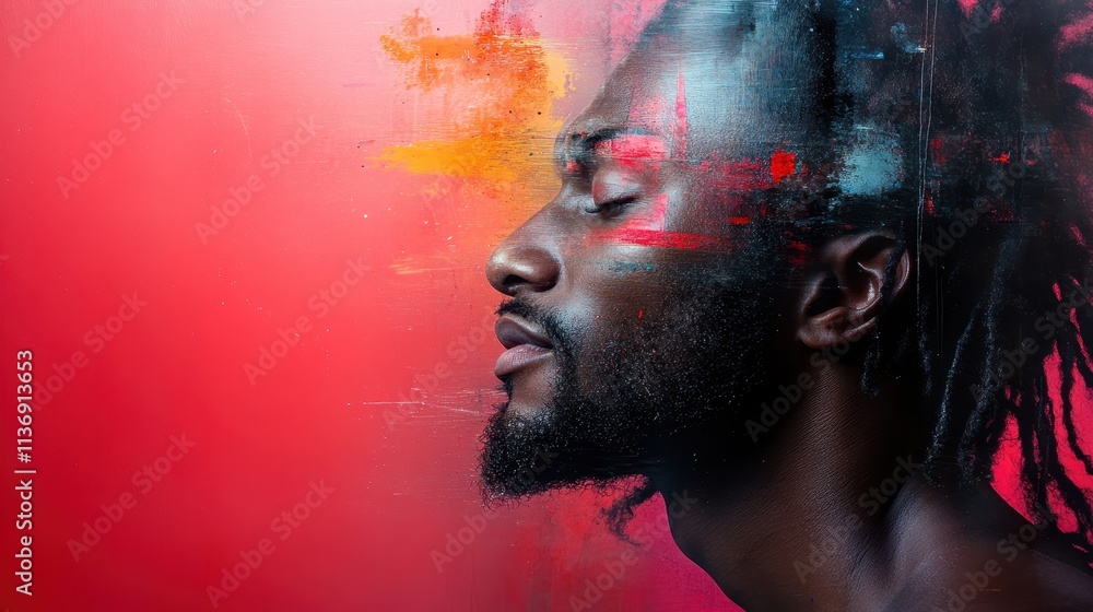 Poster the image presents an abstract side profile portrait of a person with vibrant and dynamic color spla