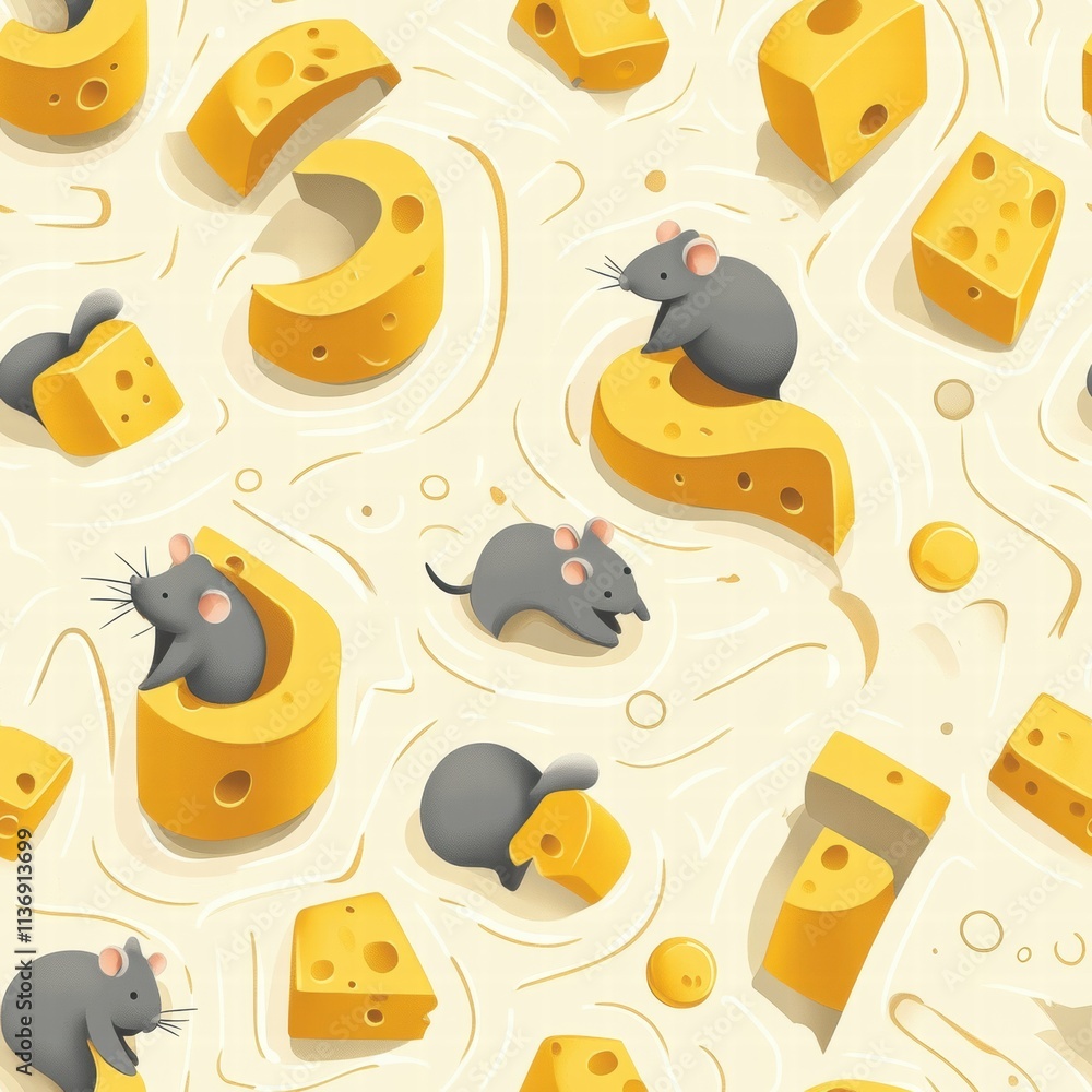 Poster whimsical mice frolic among various shapes of cheese in a creative seamless pattern bursting with fu
