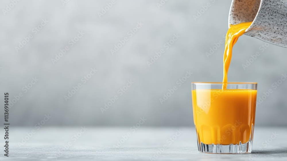 Poster freshly squeezed orange juice is being poured into a clear glass against a soft gray backdrop, highl