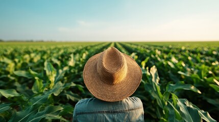 A person in a hat stands facing a vast cornfield, contemplating the horizon, under a clear blue sky, representing farming and optimism in rural life.