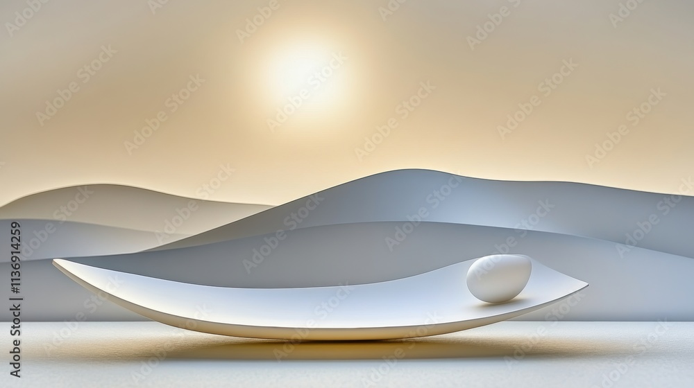 Poster minimalistic abstract landscape with smooth curved shapes and glowing sun in the sky. modern 3d desi