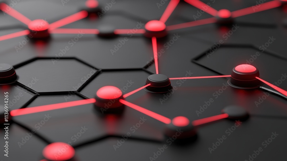 Aufkleber black surface with red glowing network lines and nodes. abstract futuristic technology concept for c