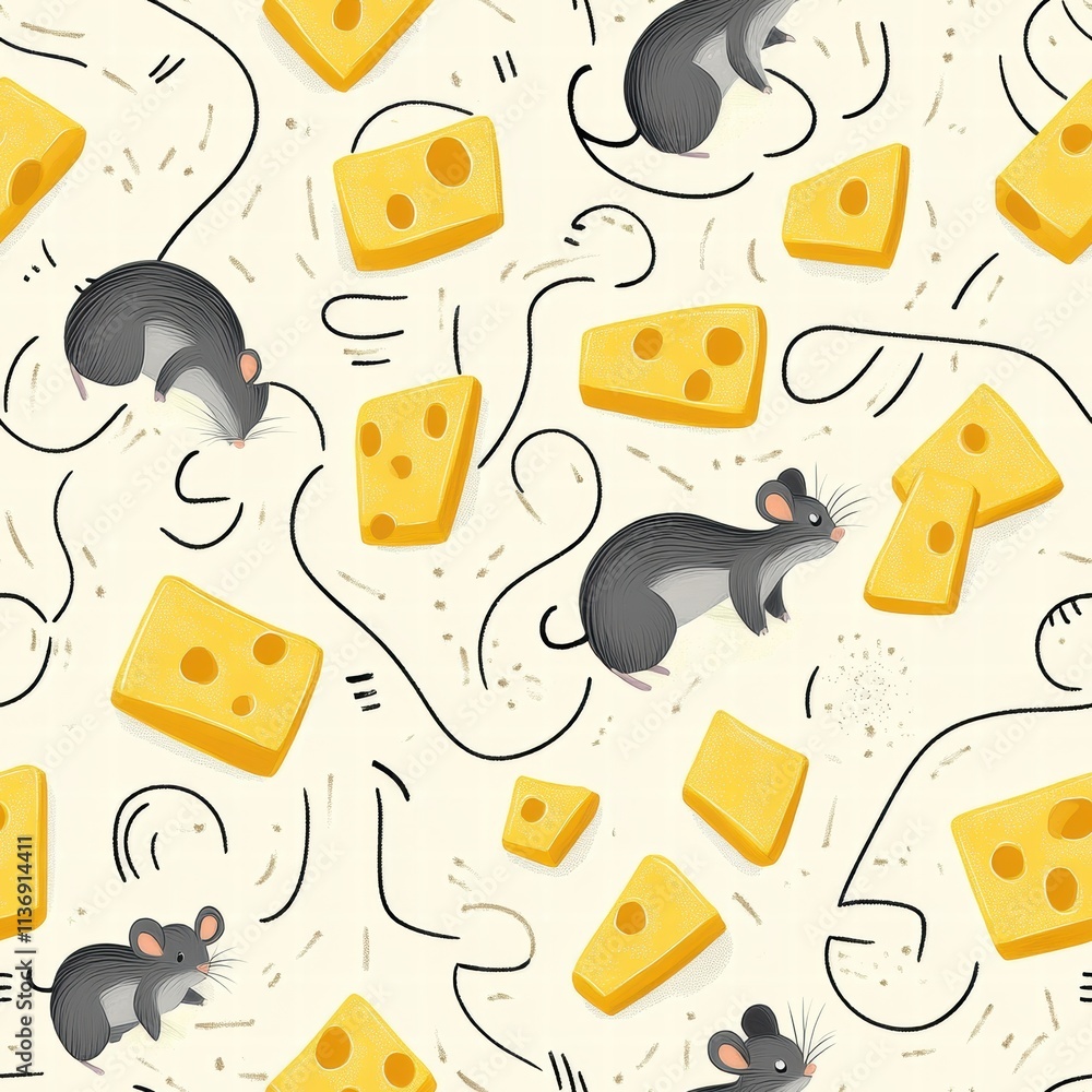 Poster charming mice explore a landscape of vibrant cheese pieces, creating a delightful seamless pattern p
