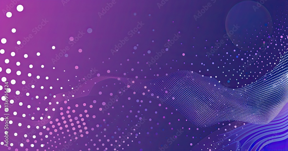 Poster abstract design featuring flowing shapes and dots in a gradient of purple and pink hues.