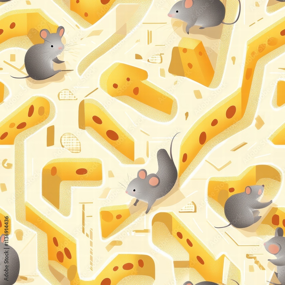 Aufkleber charming mice navigate a delightful maze of cheese, bringing life and joy to a quirky seamless patte