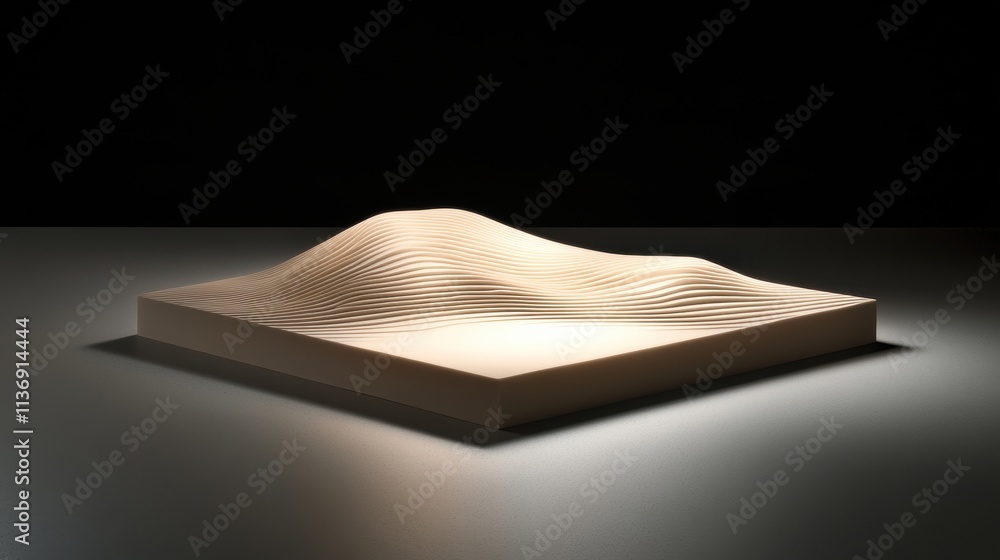Poster abstract layered topographic structure in cream color on dark background. 3d terrain model concept