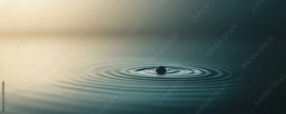 Poster single water droplet creating ripples on calm surface in soft light gradient background.