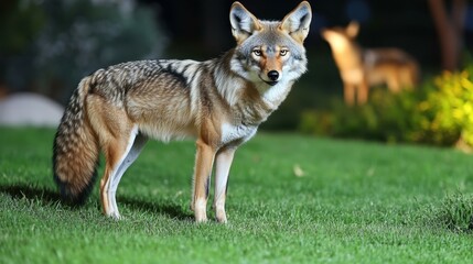 Fototapeta premium Coyote with gray and brown fur standing on green grass looking alert in natural park environment perfect for wildlife, nature, animal, outdoor themes, conservation, and educational content
