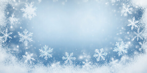 Frame made of snow with snowflakes and ice crystals on blue background, top view with space for text