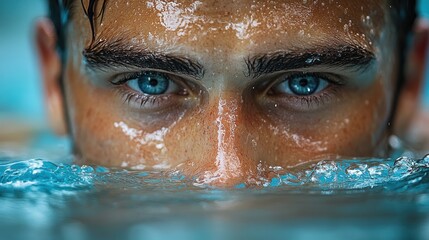 Fototapeta premium Close-up of a young man's eyes partially submerged in water, highlighting emotion and clarity.
