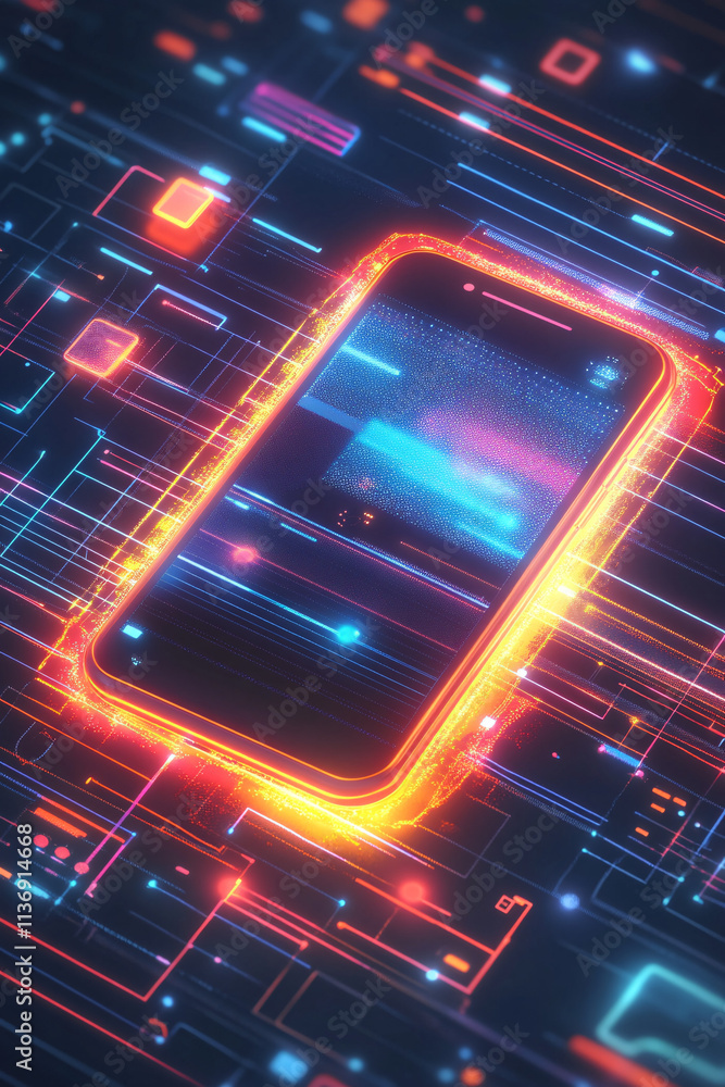 Poster a glowing smartphone icon with data metrics surrounding it, symbolizing online communication platfor