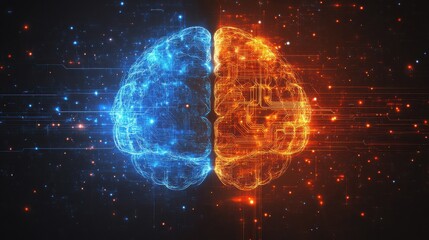 Obraz premium Abstract digital artwork depicting a human brain split into two halves, one glowing blue and the other orange. Represents the duality of the mind or cognitive processes.