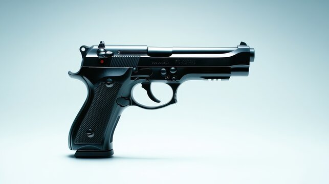 A high-quality image showcasing a sleek black pistol on a clean background, emphasizing its detailed shadow and light reflections on the metal surface.