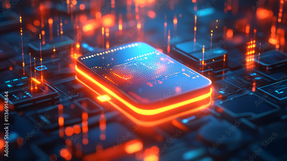 Poster a glowing smartphone icon with data metrics surrounding it, symbolizing online communication platfor