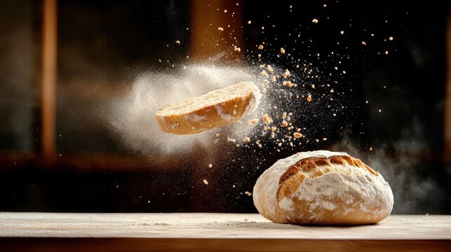 A single bread slice hovers delicately above a loaf on a wooden surface, with dynamic flour particles adding energy and flair to the kitchen-focused scene.