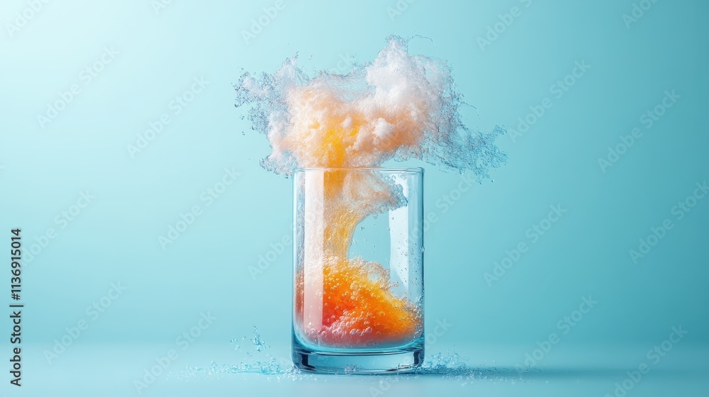 Poster an artistic capture of a vibrant orange splash exploding in a glass filled with water, highlighting 