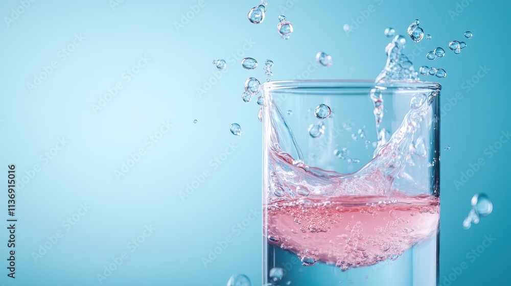 Poster a pink liquid is captured in a moment of dynamic splash within a glass container, showcasing fluid m