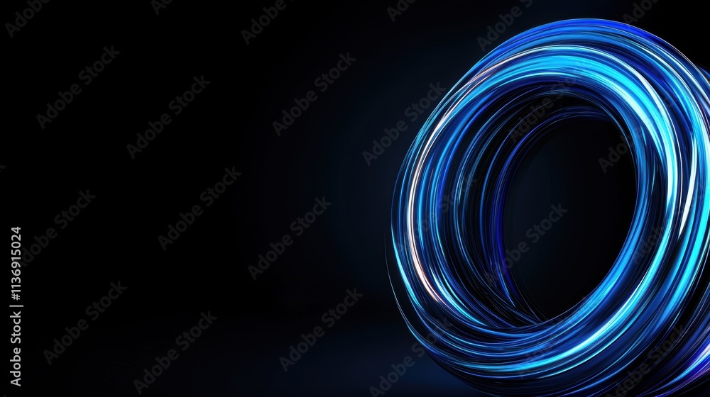 Poster blue light trail forming a glowing circular shape on a black background. abstract futuristic swirl w