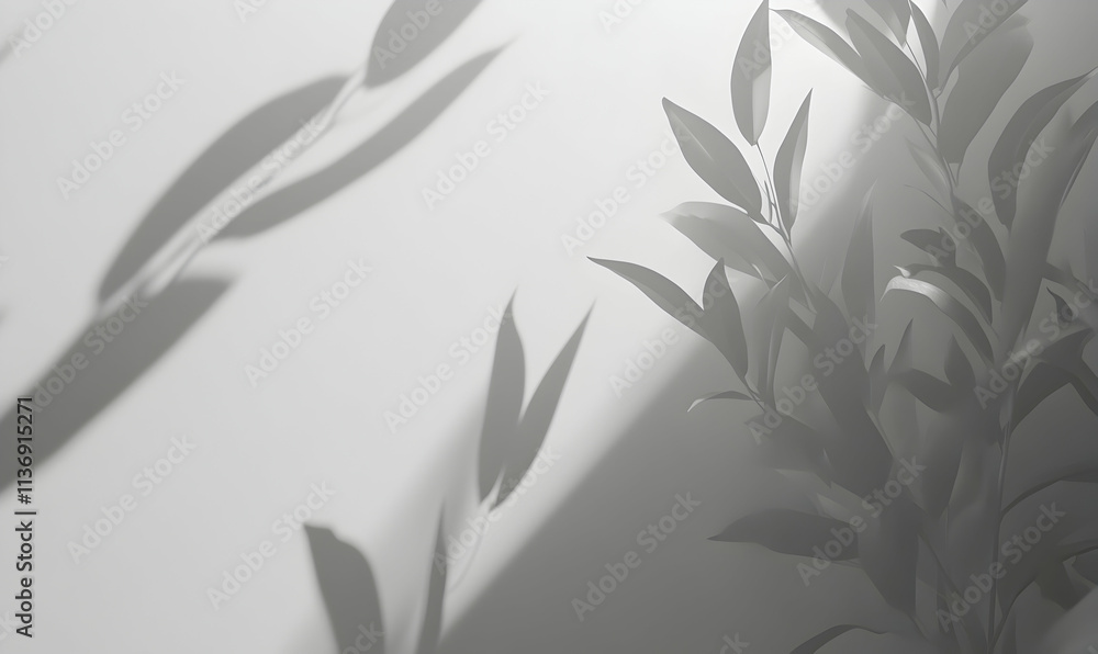 Poster monochrome image of plant leaves casting shadows on a light gray background, creating a serene and m