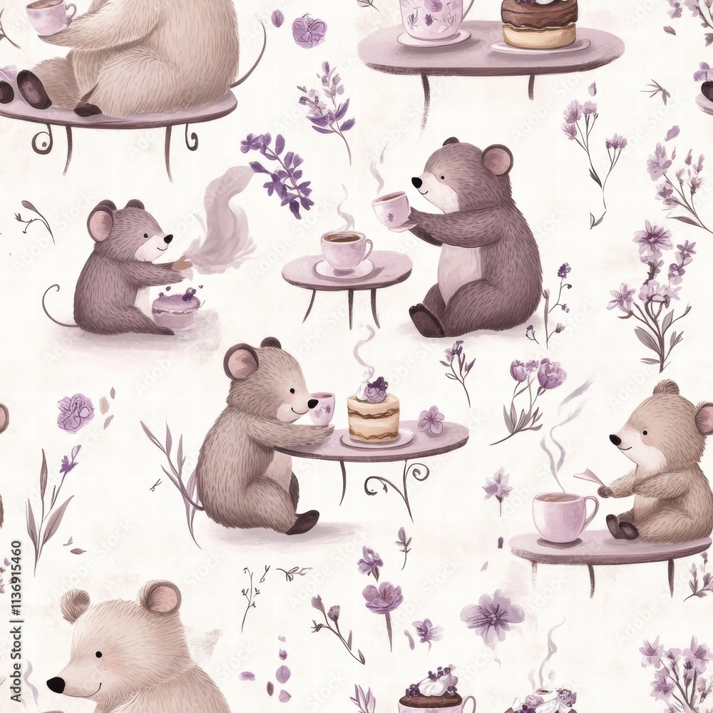 Poster bears enjoy tea and pastries at small tables surrounded by flowers, creating a whimsical and delight
