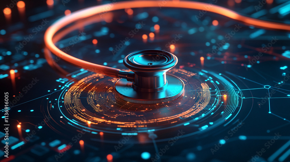 Poster a glowing stethoscope icon surrounded by digital health records and data points, representing online