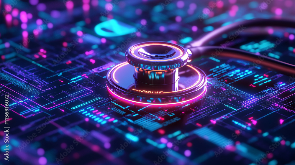 Poster a glowing stethoscope icon surrounded by digital health records and data points, representing online